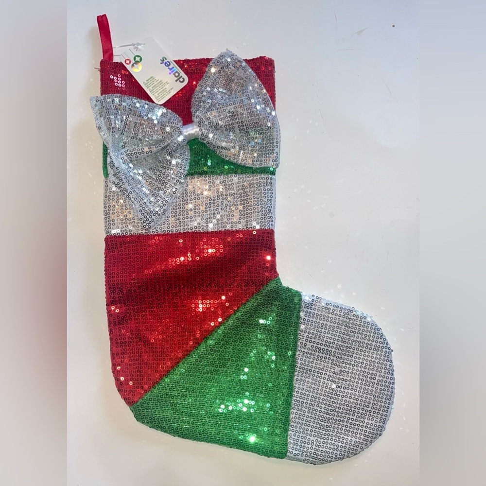 Claire’s Green, Red & Silver Bow Sequin Christmas Stocking